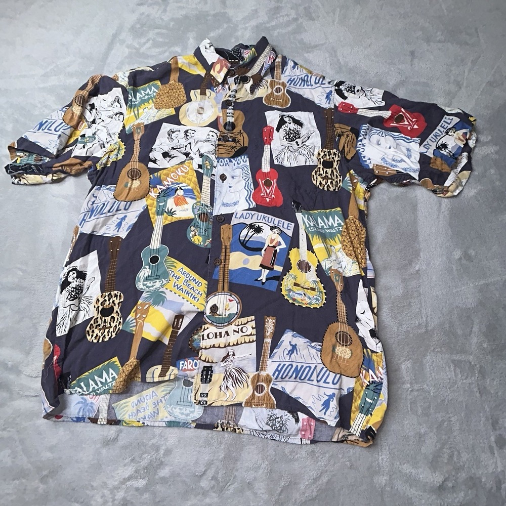 vintage Reyn Spooner Hawaiian Shirt Mens Small Button Up Guitar Floral Print